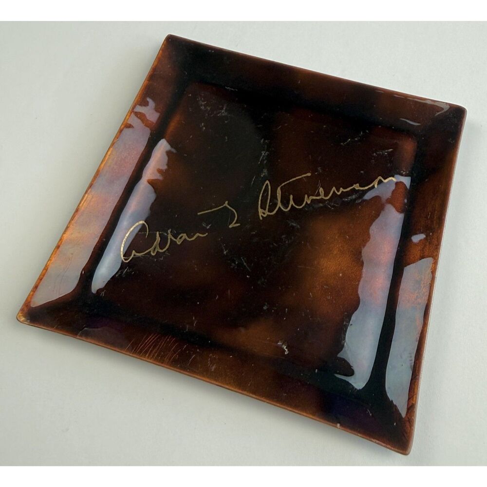 Vintage Adlai E Stevenson Signature Enamel on Copper Square Pin Dish Ashtray